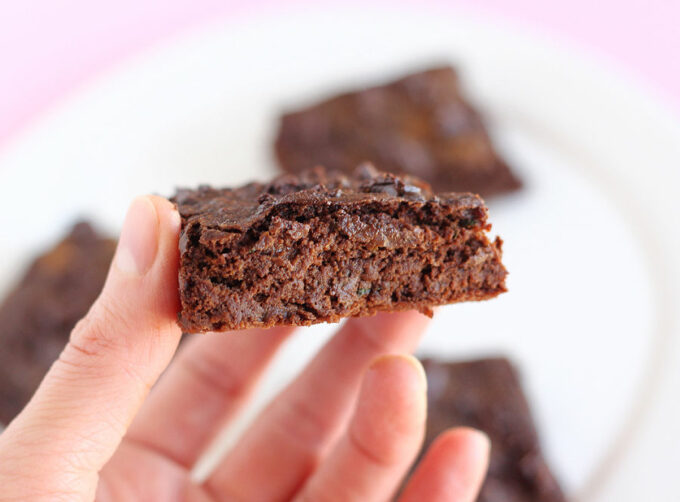 Hand holding a fudgy brownie.