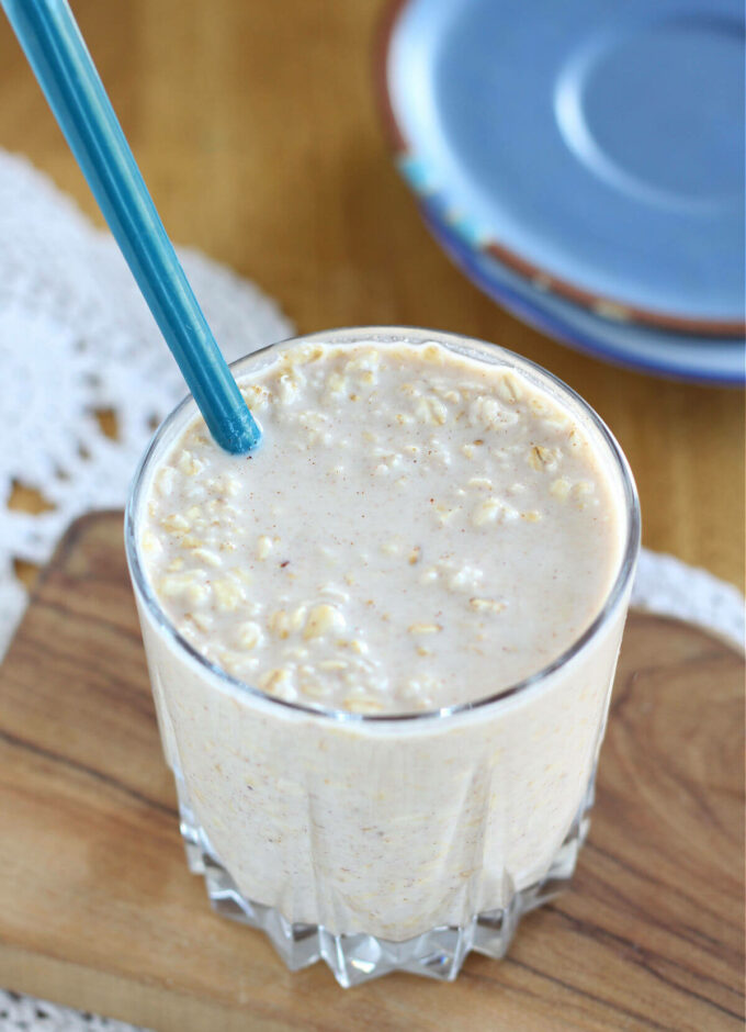 Cookie dough overnight oats in a glass.