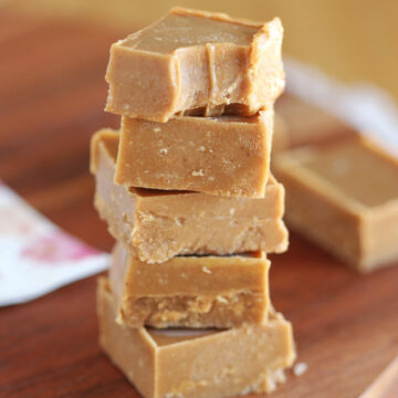 Stack of five pieces of peanut butter fudge.