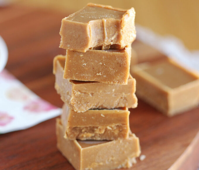 Stack of five pieces of peanut butter fudge.