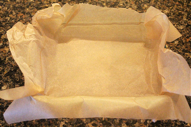 Parchment paper in a glass dish.