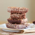 Stack of four rice krispie chocolate bars.