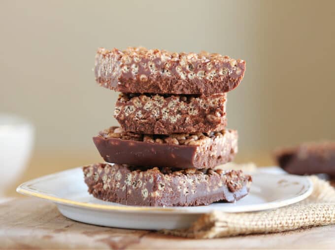 Stack of four rice krispie chocolate bars.