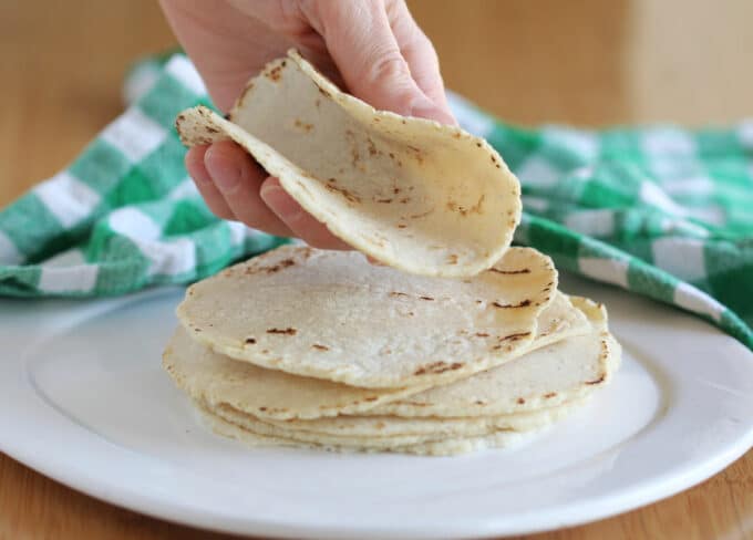 Hand holding a corn tortilla.