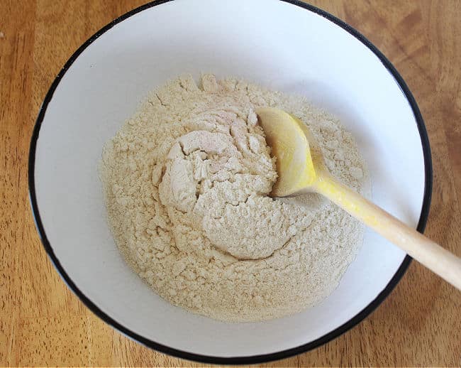 Masa harina in a large white bowl.