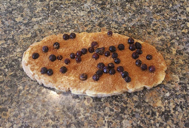 Rolled out dough topped with sugar and blueberries on a granite counter.