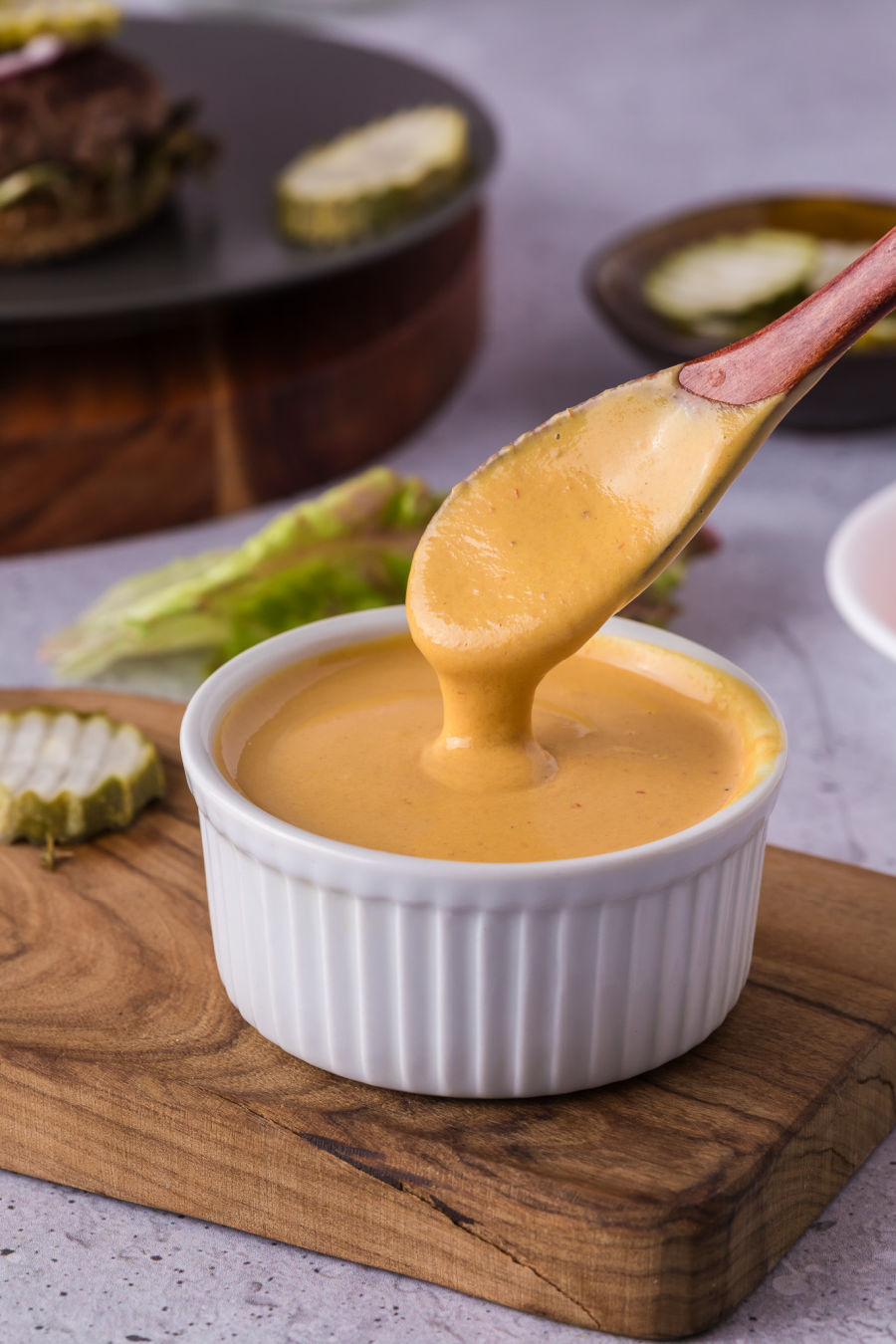 Spoonful of burger sauce in a small bowl.