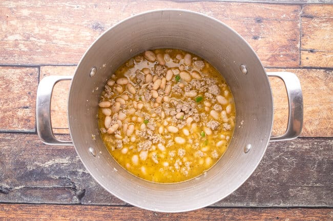 Pot of chili with corn.