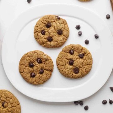 Chocolate chip cookies on a plate.